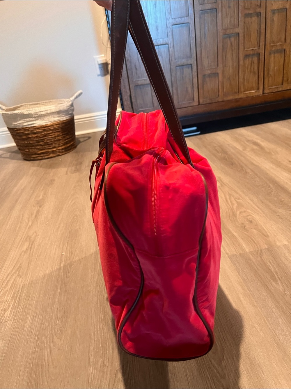 Tommy Hilfiger Red Canvas Travel Tote with Brown Leather Handles - Picture 10 of 16